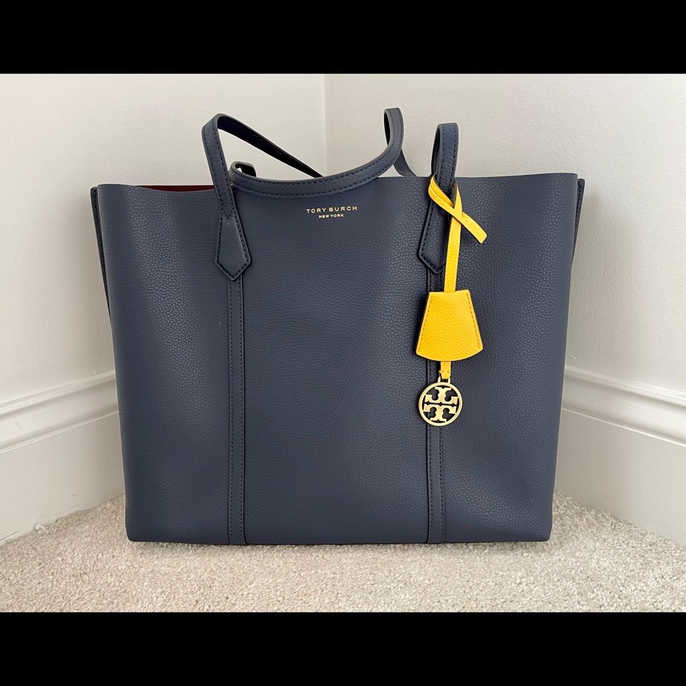 Tory Burch Navy Leather Tote with Yellow Charm Accent